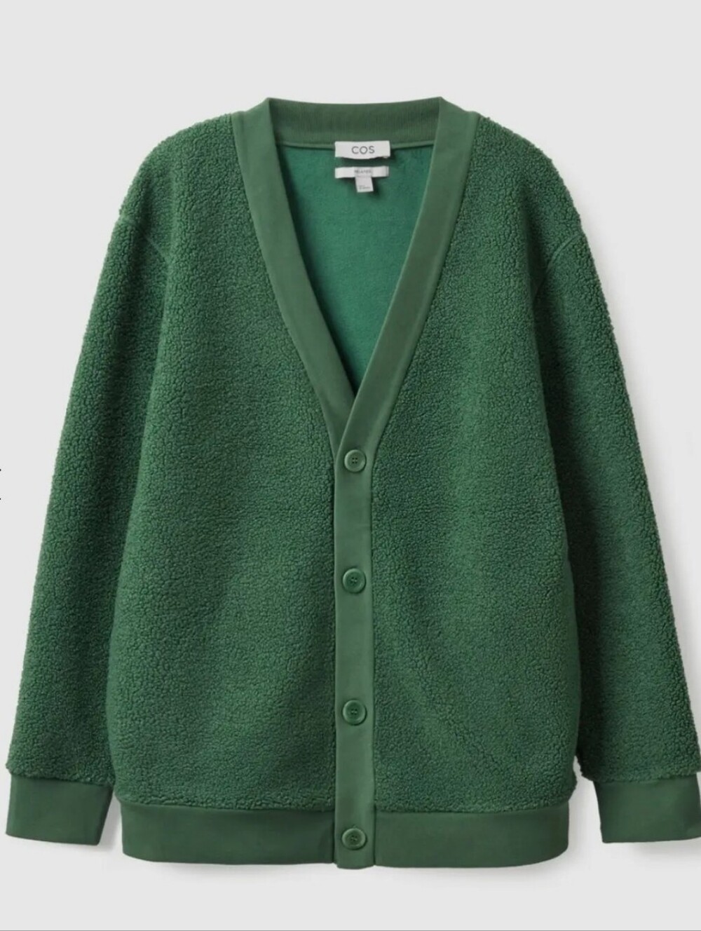 COS Dark Green Teddy Fleece Button Cardigan Relaxed Fit Sz L.